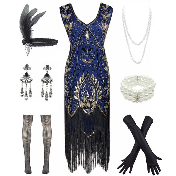 Women 1920s V Neck Sequined Beaded Gatsby Flapper Dress With 20s Accessoriess😽